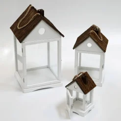 Linterna Casas De Madera Set 3 Piezas Blanco Marrón