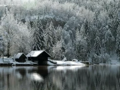 Lona XXL "Cabaña Nevada Junto Al Lago" De Lona De Camión Ignífuga 250 X 330 Cm