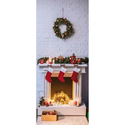 Pancarta De Tela Ignífuga "Chimenea Y Corona De Navidad" De Tela De Bandera 75 X 180 Cm