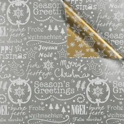 Papel De Regalo De Doble Cara Dorado Y Plateado Con Símbolos Navideños - Rollo De Papel De Regalo De 50 M