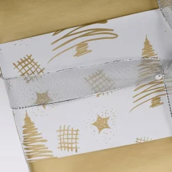 Papel De Regalo Navideño Sostenible De Doble Cara Con Abetos Y Estrellas En Dorado - Bobina De Papel De Regalo De 50 M