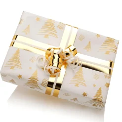 Papel De Regalo Navideño Sostenible De Doble Cara Con Abetos Y Estrellas En Dorado - Bobina De Papel De Regalo De 50 M