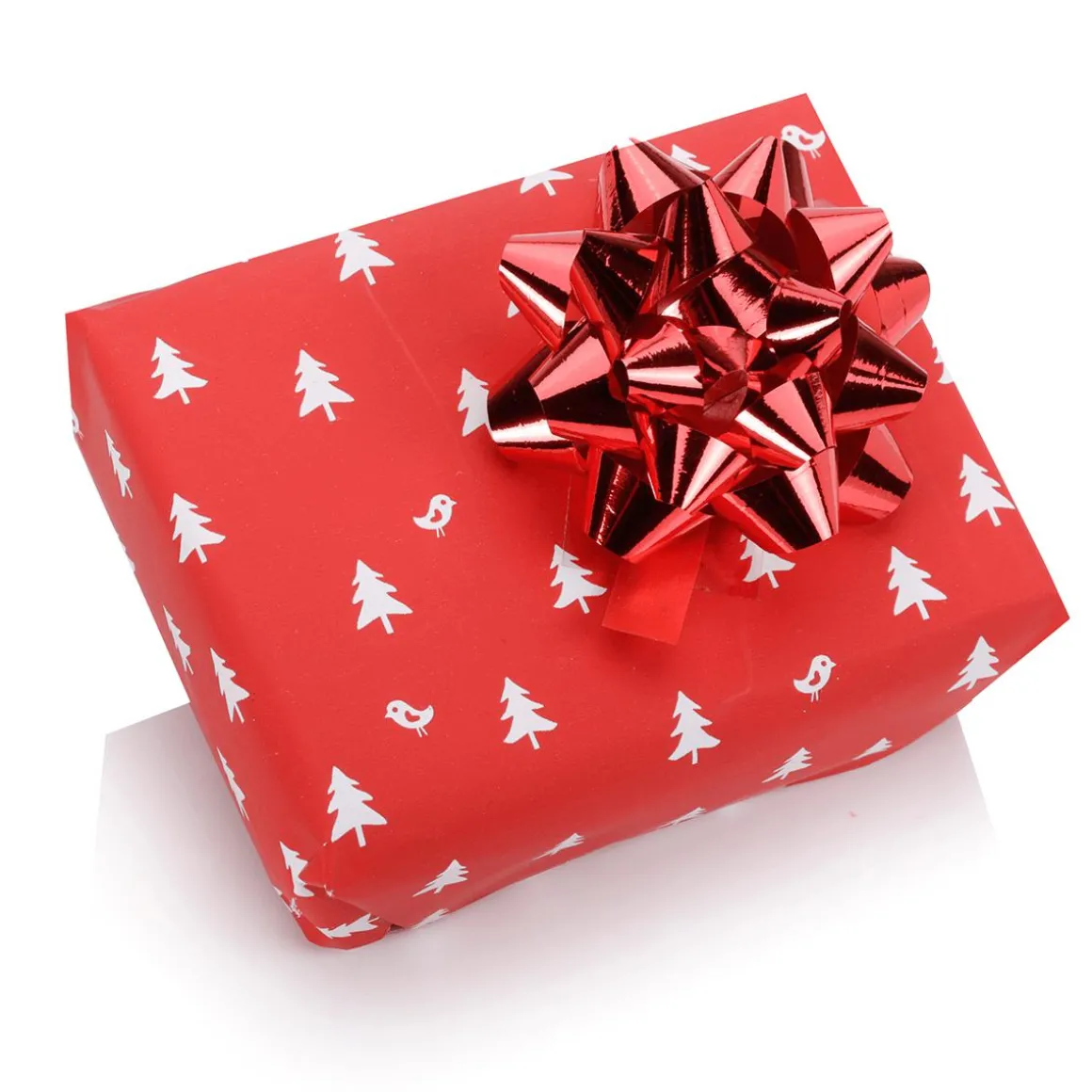 Papel De Regalo Navideño Sostenible De Color Rojo Con Abetos Blancos - Bobina De Papel De Regalo De 50 M