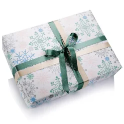 Papel Kraft Blanco Con Copos De Nieve En Azul Claro, Rosa, Plata Y Menta - Rollo De Papel De Regalo De 50 M