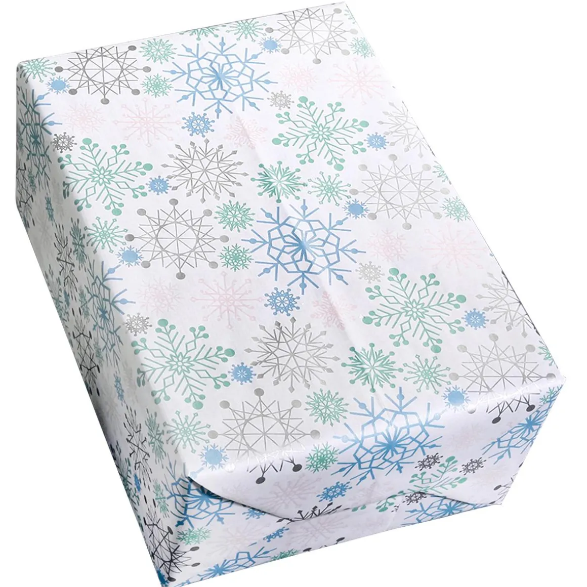 Papel Kraft Blanco Con Copos De Nieve En Azul Claro, Rosa, Plata Y Menta - Rollo De Papel De Regalo De 50 M